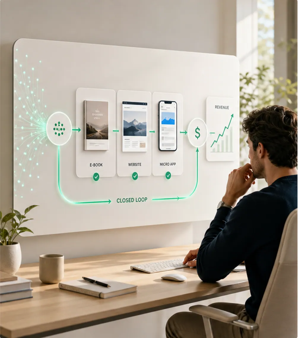 Loop console showing a token stream becoming an e-book, a website, and a micro app with a rising revenue line